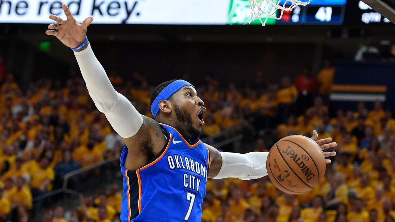 SALT LAKE CITY, UT - APRIL 21: Carmelo Anthony #7 of the Oklahoma City Thunder reacts to his basket in the first half during Game Three of Round One of the 2018 NBA Playoffs against the Utah Jazz at Vivint Smart Home Arena on April 21, 2018 in Salt Lake City, Utah.