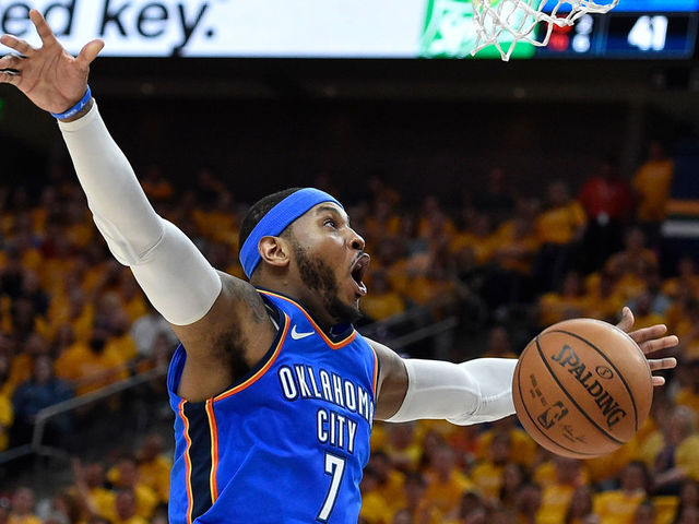 SALT LAKE CITY, UT - APRIL 21: Carmelo Anthony #7 of the Oklahoma City Thunder reacts to his basket in the first half during Game Three of Round One of the 2018 NBA Playoffs against the Utah Jazz at Vivint Smart Home Arena on April 21, 2018 in Salt Lake City, Utah.