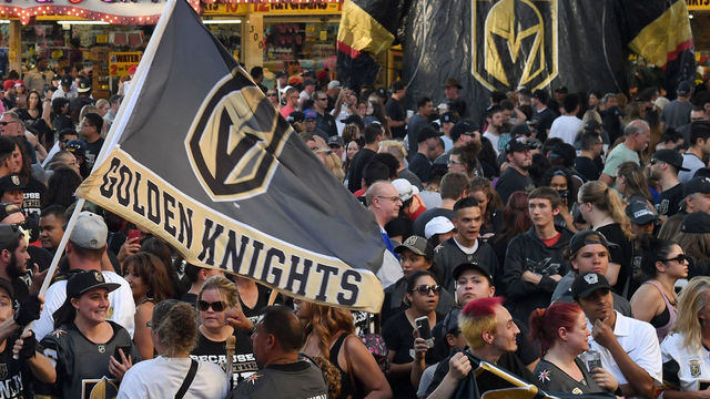 LAS VEGAS, NV - JUNE 13: Fans attend the Vegas Golden Knights' 'Stick Salute to Vegas and Our Fans' event at the Fremont Street Experience on June 13, 2018 in Las Vegas. Nevada. The Golden Knights made it to the Stanley Cup Final in the team's inaugural season, losing to the Washington Capitals four games to one in the series.