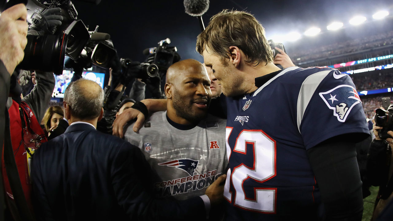 FOXBOROUGH, MA - JANUARY 21: Tom Brady #12 of the New England Patriots celebrates with James Harrison #92 after winning the AFC Championship Game against the Jacksonville Jaguars at Gillette Stadium on January 21, 2018 in Foxborough, Massachusetts.