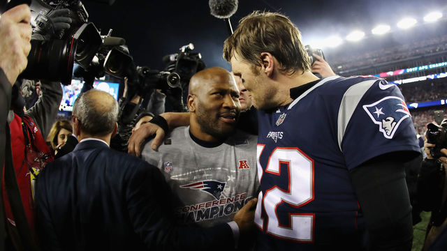 FOXBOROUGH, MA - JANUARY 21: Tom Brady #12 of the New England Patriots celebrates with James Harrison #92 after winning the AFC Championship Game against the Jacksonville Jaguars at Gillette Stadium on January 21, 2018 in Foxborough, Massachusetts.
