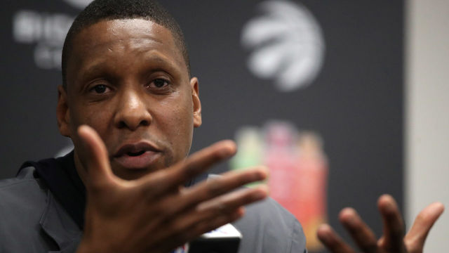 TORONTO, ON- MAY 9 - Masai Ujiri, Raptors president takes questions as the Toronto Raptors hold media availability after being eliminated by the Cleveland Cavaliers in four games at the Biosteel Centre on the CNE Grounds in Toronto. May 9, 2018. (Steve Russell/Toronto Star via Getty Images)