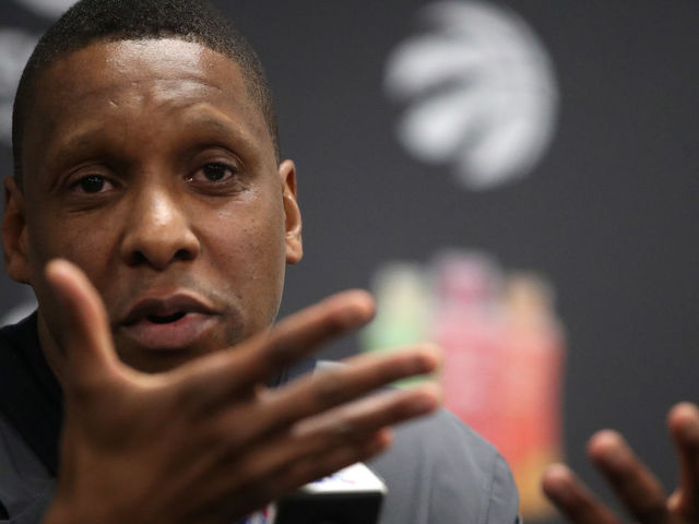 TORONTO, ON- MAY 9 - Masai Ujiri, Raptors president takes questions as the Toronto Raptors hold media availability after being eliminated by the Cleveland Cavaliers in four games at the Biosteel Centre on the CNE Grounds in Toronto. May 9, 2018. (Steve Russell/Toronto Star via Getty Images)