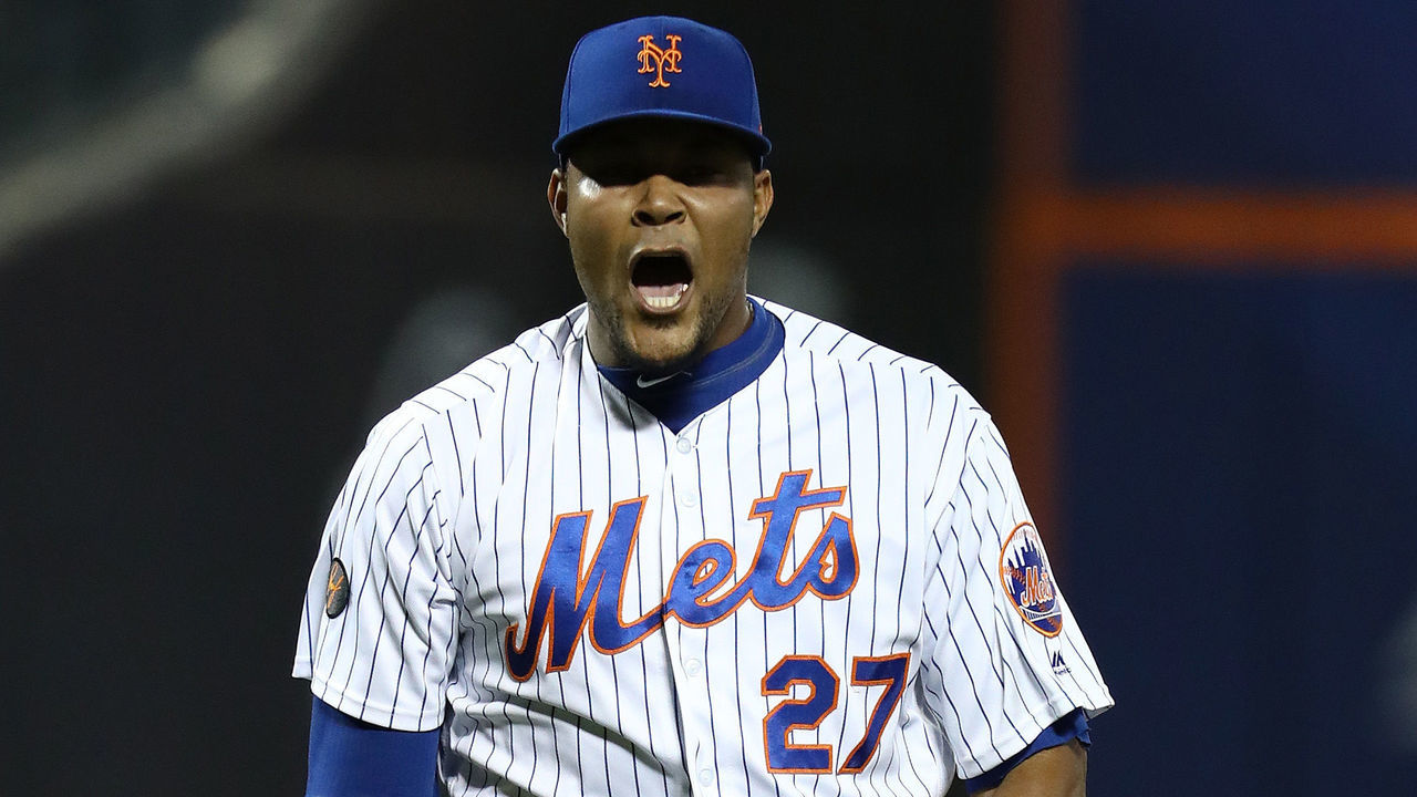 NEW YORK, NY - JULY 06: Jeurys Familia #27 of the New York Mets celebrates retiring the side with the bases loaded in the ninth inning against the Tampa Bay Rays during their game at Citi Field on July 6, 2018 in New York City.