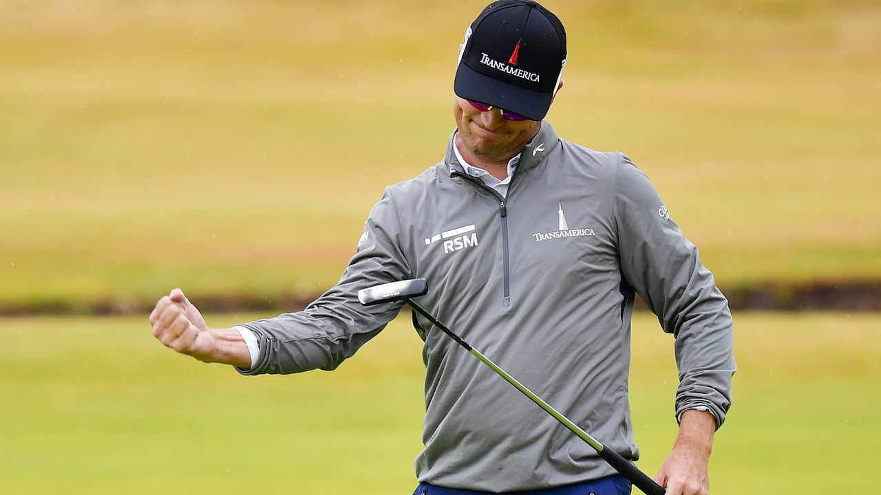 CARNOUSTIE, SCOTLAND - JULY 20: Zach Johnson of the United States celebrates a birdie on the 18th green during the second round of the 147th Open Championship at Carnoustie Golf Club on July 20, 2018 in Carnoustie, Scotland.