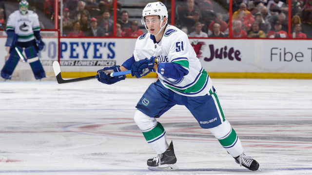 OTTAWA, ON - OCTOBER 17: Troy Stecher #51 of the Vancouver Canucks skates against the Ottawa Senators at Canadian Tire Centre on October 17, 2017 in Ottawa, Ontario, Canada. *** Local Caption ***