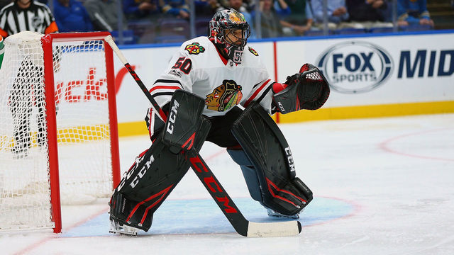 ST. LOUIS, MO - OCTOBER 18: Corey Crawford #50 of the Chicago Blackhawks in action against the St. Louis Blues at the Scottrade Center on October 18, 2017 in St. Louis, Missouri.