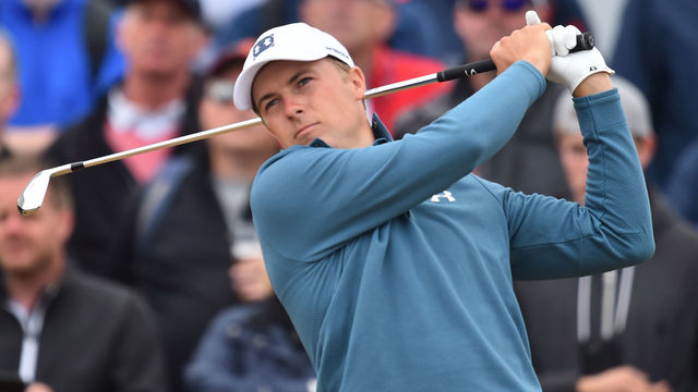 US golfer Jordan Spieth watches his iron shot from the 5th tee during his second round on day 2 of The 147th Open golf Championship at Carnoustie, Scotland on July 20, 2018.