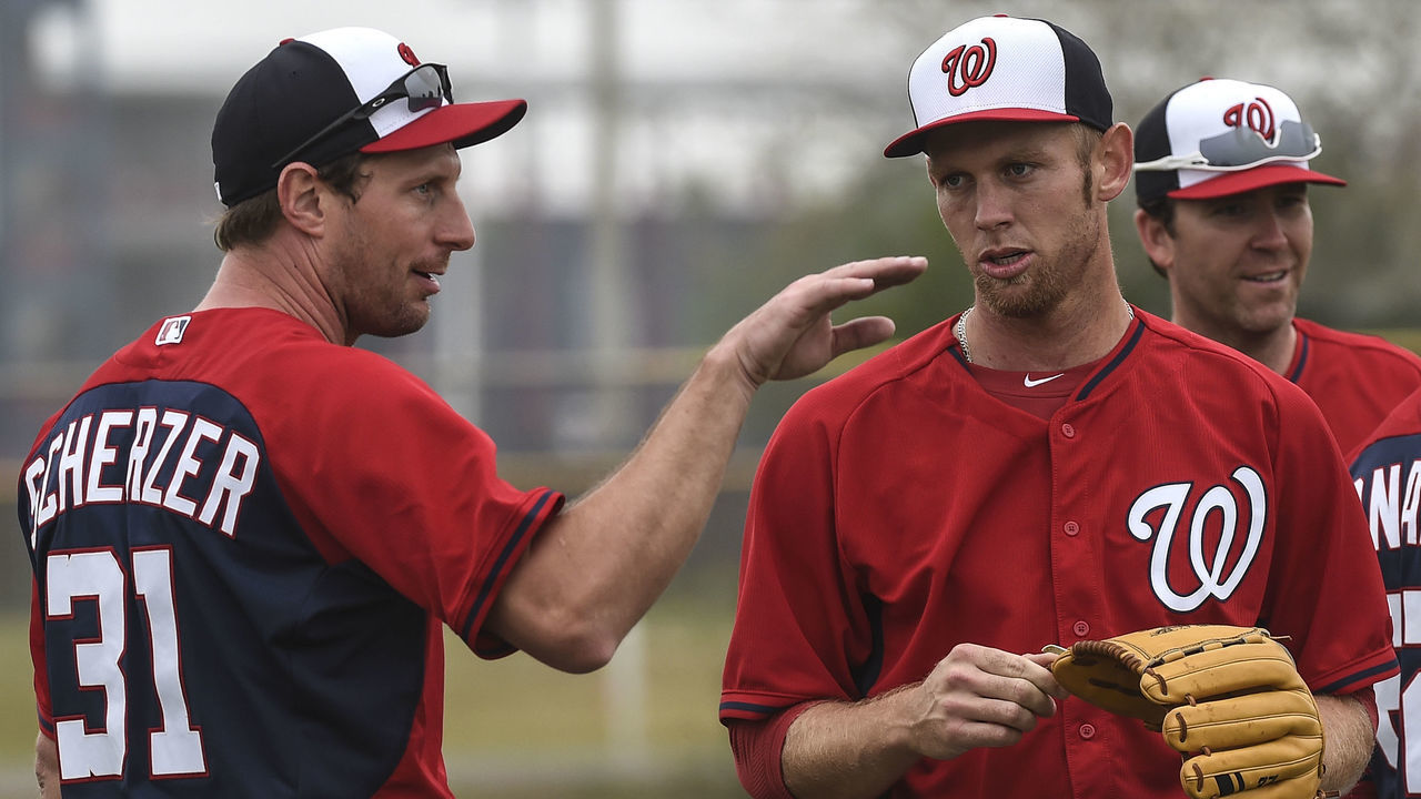 VIERA, FL - FEBRUARY 25: Washington Nationals pitcher Max Scherzer (31), left, talks with Washington Nationals pitcher Stephen Strasburg (37), right, during spring training at the team's facilities in Viera, FL on Wednesday, February 25, 2015.