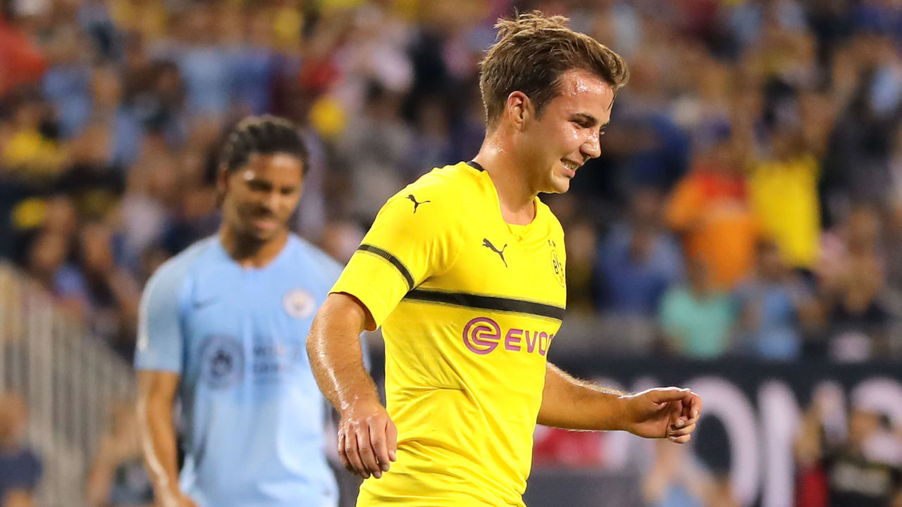 CHICAGO, IL - JULY 20: Mario Gotze #10 of Borussia Dortmund reacts after scoring on a penalty kick against the Borussia Dortmund in the first half of an International Champions Cup match at Soldier Field on July 20, 2018 in Chicago, Illinois.