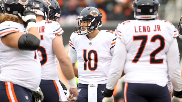 CINCINNATI, OH - DECEMBER 10: Mitchell Trubisky #10 of the Chicago Bears relays a play call to the team against the Cincinnati Bengals during the first half at Paul Brown Stadium on December 10, 2017 in Cincinnati, Ohio.