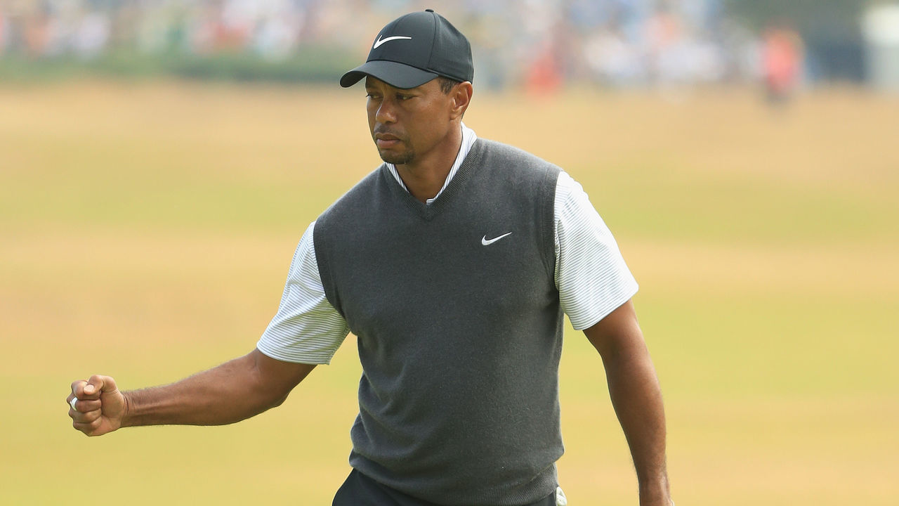 CARNOUSTIE, SCOTLAND - JULY 21: Tiger Woods of the United States reacts to a birdie on the ninth green during the third round of the 147th Open Championship at Carnoustie Golf Club on July 21, 2018 in Carnoustie, Scotland.