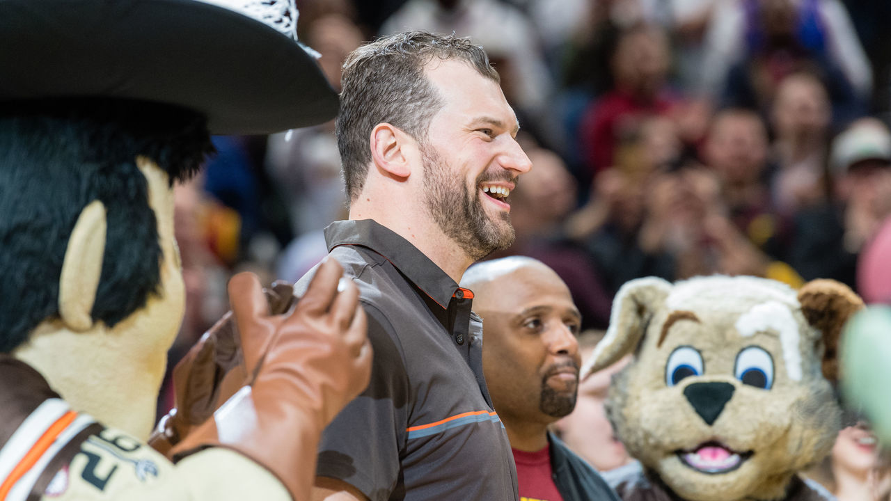 CLEVELAND, OH - MARCH 19: Former Cleveland Browns Player Joe Thomas is honored during a timeout during the first half of the game between the Cleveland Cavaliers and the Milwaukee Bucks at Quicken Loans Arena on March 19, 2018 in Cleveland, Ohio.