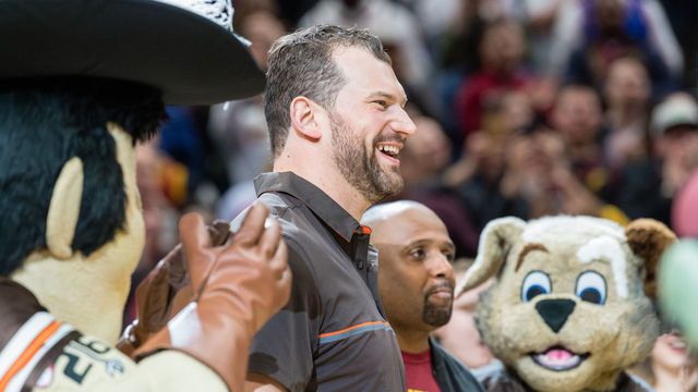 CLEVELAND, OH - MARCH 19: Former Cleveland Browns Player Joe Thomas is honored during a timeout during the first half of the game between the Cleveland Cavaliers and the Milwaukee Bucks at Quicken Loans Arena on March 19, 2018 in Cleveland, Ohio.