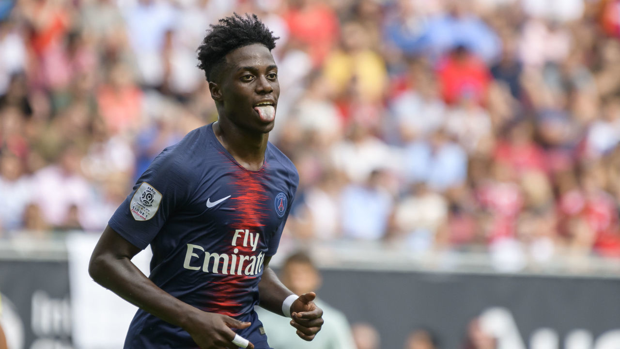 Paris Saint-Germain's Timothy Weah celebrates after scoring a goal during their International Champions Cup football match Bayern Munich against Paris Saint-Germain (PSG) on July 21, 2018 at the Worthersee Stadium in Klagenfurt, Austria.