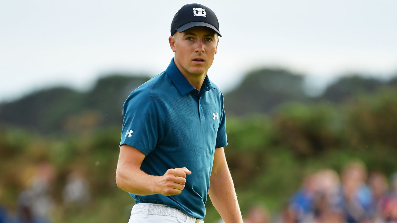 CARNOUSTIE, SCOTLAND - JULY 21: Jordan Spieth of the United States celebrates a birdie on the 16th green during the third round of the 147th Open Championship at Carnoustie Golf Club on July 21, 2018 in Carnoustie, Scotland.
