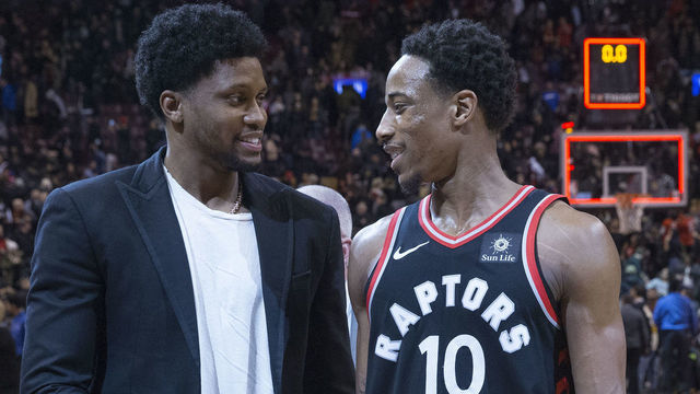 TORONTO, ON - JANUARY 19: Former Raptor, and current Spur, Rudy Gay (left) and Toronto Raptors guard DeMar DeRozan (10) say hello following the game. Toronto Raptors vs San Antonio Spurs in 2nd half action of NBA regular season play at Air Canada Centre. Raps win 86-83. Toronto Star/Rick Madonik (Rick Madonik/Toronto Star via Getty Images)
