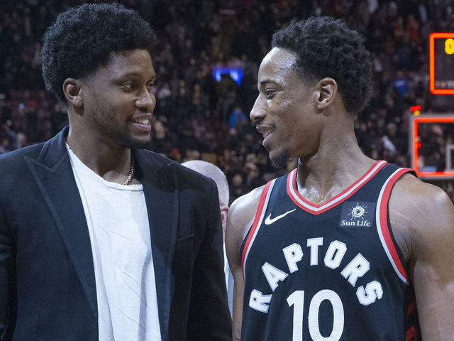 TORONTO, ON - JANUARY 19: Former Raptor, and current Spur, Rudy Gay (left) and Toronto Raptors guard DeMar DeRozan (10) say hello following the game. Toronto Raptors vs San Antonio Spurs in 2nd half action of NBA regular season play at Air Canada Centre. Raps win 86-83. Toronto Star/Rick Madonik (Rick Madonik/Toronto Star via Getty Images)