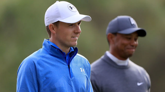 PALM HARBOR, FL - MARCH 08: Jordan Spieth (L) walks with Tiger Woods on the 17th hole during the first round of the Valspar Championship at Innisbrook Resort Copperhead course on March 8, 2018 in Palm Harbor, Florida.