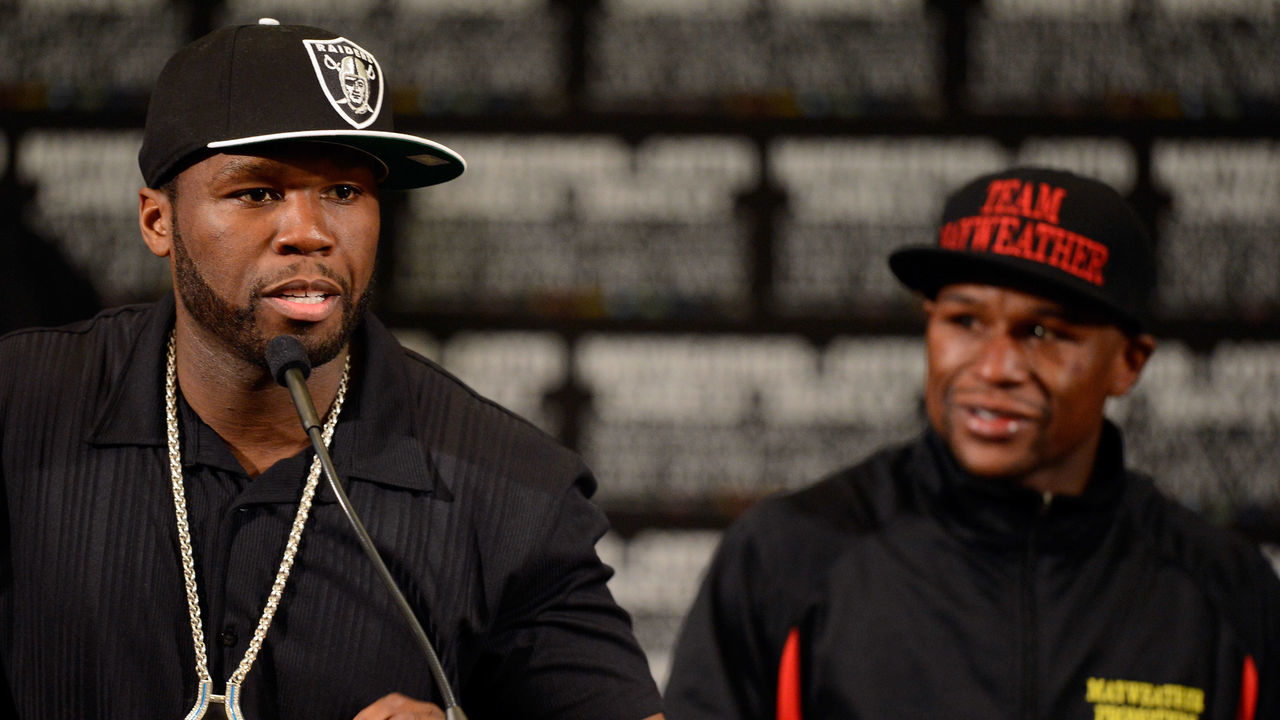 LAS VEGAS, NV - MAY 05: (L-R) Rapper Curtis '50 Cent' Jackson addresses the media after Floyd Mayweather Jr.'s unanimous-decision victory against Miguel Cotto after their WBA super welterweight title fight at the MGM Grand Garden Arena on May 5, 2012 in Las Vegas, Nevada.