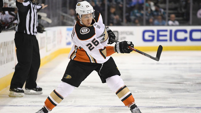 SAN JOSE, CA - APRIL 16: Brandon Montour #26 of the Anaheim Ducks shoots on goal against the San Jose Sharks during the third period in Game Three of the Western Conference First Round during the 2018 NHL Stanley Cup Playoffs at SAP Center on April 16, 2018 in San Jose, California.