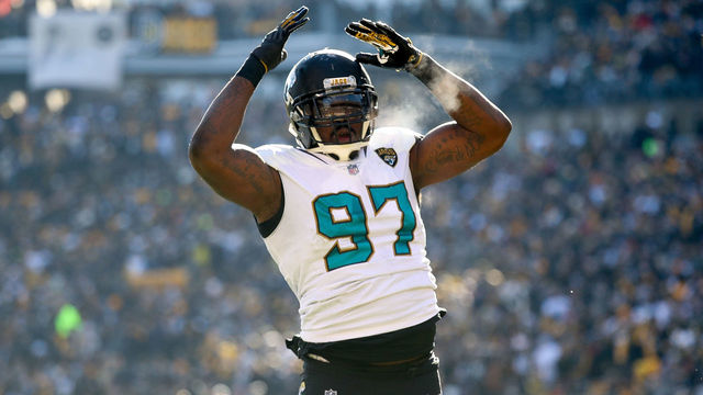 PITTSBURGH, PA - JANUARY 14: Malik Jackson #97 of the Jacksonville Jaguars celebrates against the Pittsburgh Steelers during the first half of the AFC Divisional Playoff game at Heinz Field on January 14, 2018 in Pittsburgh, Pennsylvania.