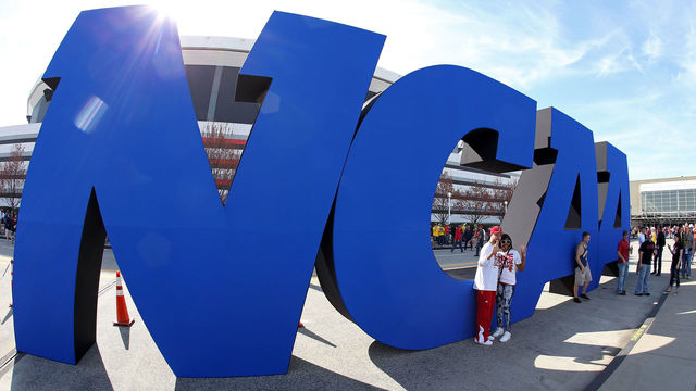 ATLANTA, GA - APRIL 06: A NCAA logo is seen outside the Georgia Dome before the 2013 NCAA Men's Final Four Semifinal between the Louisville Cardinals and the Wichita State Shockers on April 6, 2013 in Atlanta, Georgia.