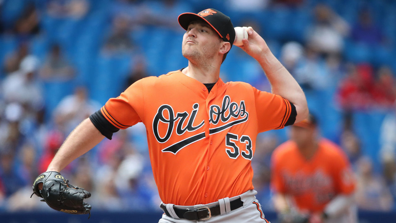 TORONTO, ON - JULY 21: Zach Britton #53 of the Baltimore Orioles delivers a pitch in the eighth inning during MLB game action against the Toronto Blue Jays at Rogers Centre on July 21, 2018 in Toronto, Canada.