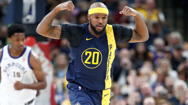 INDIANAPOLIS, IN - APRIL 05: Trevor Booker #20 of the Indiana Pacers celebrates against the Golden State Warrriors during the game at Bankers Life Fieldhouse on April 5, 2018 in Indianapolis, Indiana.