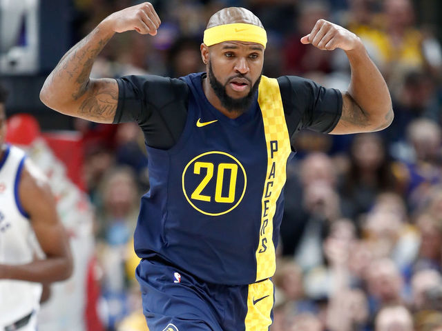 INDIANAPOLIS, IN - APRIL 05: Trevor Booker #20 of the Indiana Pacers celebrates against the Golden State Warrriors during the game at Bankers Life Fieldhouse on April 5, 2018 in Indianapolis, Indiana.