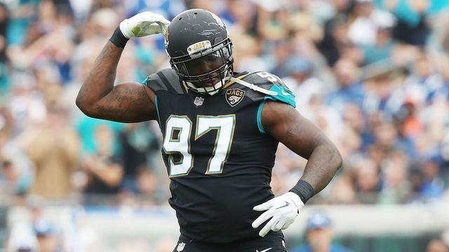 JACKSONVILLE, FL - DECEMBER 03: Malik Jackson #97 of the Jacksonville Jaguars waits on the field during the first half of their game against the Indianapolis Colts at EverBank Field on December 3, 2017 in Jacksonville, Florida.