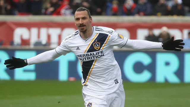 BRIGEVIEW, IL - APRIL 14: Zlatan Ibrahimovic #9 of Los Angeles Galaxy celebrates his first half goal against the Chicago Fire at Toyota Park on April 14, 2018 in Bridgeview, Illinois.