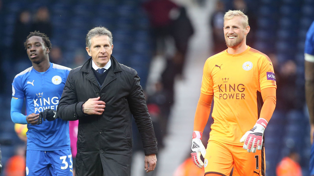 WEST BROMWICH, ENGLAND - MARCH 10: Manager Claude Puel of Leicester City with Kasper Schmeichel of Leicester City after the Premier League match between West Bromwich Albion and Leicester City at The Hawthorns, on March 10th, 2018 in West Bromwich, United Kingdom