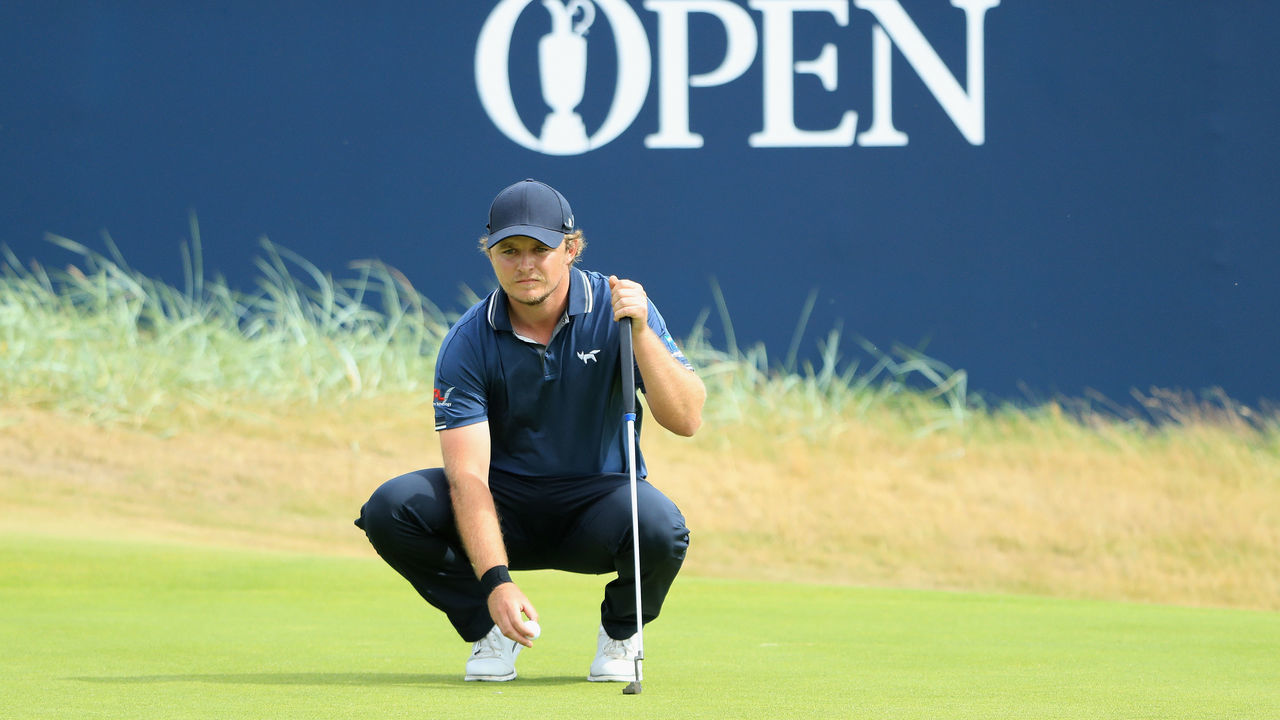 CARNOUSTIE, SCOTLAND - JULY 22: Eddie Pepperell of England lines up a putt on the 18th green during the final round of the 147th Open Championship at Carnoustie Golf Club on July 22, 2018 in Carnoustie, Scotland.