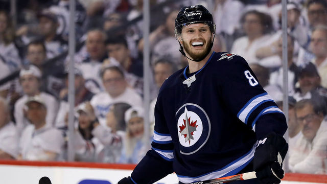 WINNIPEG, MB - MAY 12: Jacob Trouba #8 of the Winnipeg Jets reacts after he is called for cross checking against the Vegas Golden Knights in Game One of the Western Conference Finals during the 2018 NHL Stanley Cup Playoffs at Bell MTS Place on May 12, 2018 in Winnipeg, Canada.