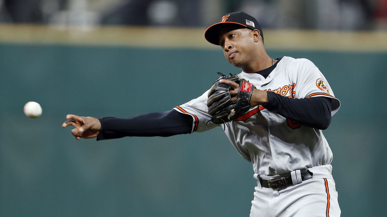 CLEVELAND, OH - SEPTEMBER 10: Jonathan Schoop #6 of the Baltimore Orioles throws to first base against the Cleveland Indians in the eighth inning at Progressive Field on September 10, 2017 in Cleveland, Ohio. The Indians defeated the Orioles 3-2,