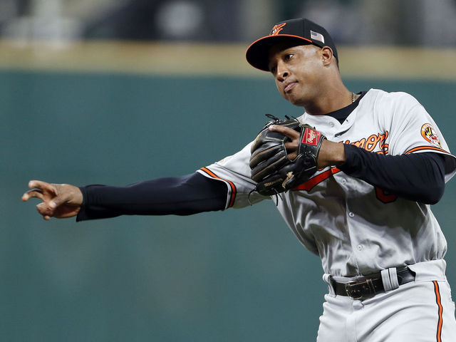CLEVELAND, OH - SEPTEMBER 10: Jonathan Schoop #6 of the Baltimore Orioles throws to first base against the Cleveland Indians in the eighth inning at Progressive Field on September 10, 2017 in Cleveland, Ohio. The Indians defeated the Orioles 3-2,