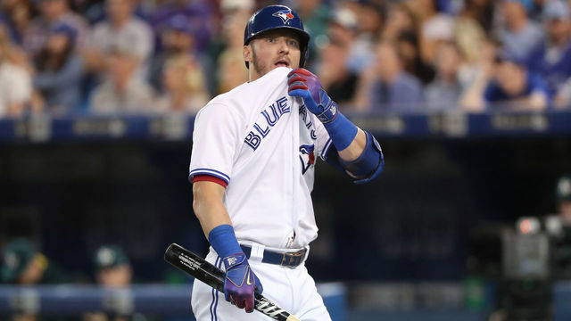 TORONTO, ON - JULY 25: Josh Donaldson #20 of the Toronto Blue Jays reacts after being called out on strikes following a long at-bat in the seventh inning during MLB game action against the Oakland Athletics at Rogers Centre on July 25, 2017 in Toronto, Canada.