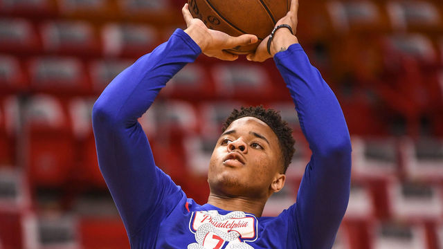 MIAMI, FL - APRIL 21: Markelle Fultz #20 of the Philadelphia 76ers warms up before Game Four of Round One of the 2018 NBA Playoffs against the Miami Heat at American Airlines Arena on April 21, 2018 in Miami, Florida.