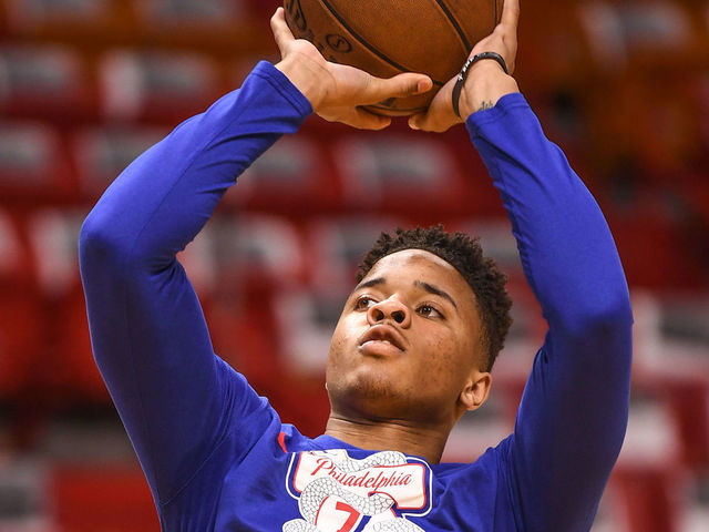 MIAMI, FL - APRIL 21: Markelle Fultz #20 of the Philadelphia 76ers warms up before Game Four of Round One of the 2018 NBA Playoffs against the Miami Heat at American Airlines Arena on April 21, 2018 in Miami, Florida.