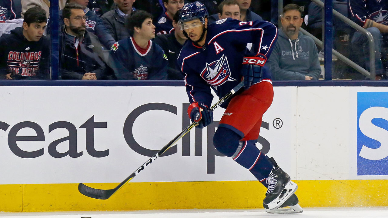 COLUMBUS, OH - APRIL 19: Seth Jones #3 of the Columbus Blue Jackets controls the puck in Game Four of the Eastern Conference First Round during the 2018 NHL Stanley Cup Playoffs against the Washington Capitals on April 19, 2018 at Nationwide Arena in Columbus, Ohio. *** Local Caption *** Seth Jones