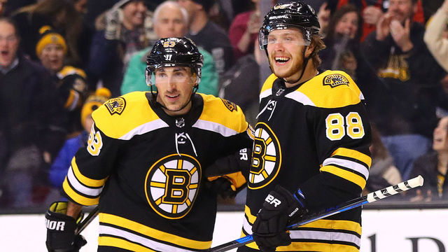 BOSTON, MA - JANUARY 6: David Pastrnak #88 of the Boston Bruins celebrates with Brad Marchand #63 after scoring against the Carolina Hurricanesduring the first period at TD Garden on January 6, 2018 in Boston, Massachusetts.