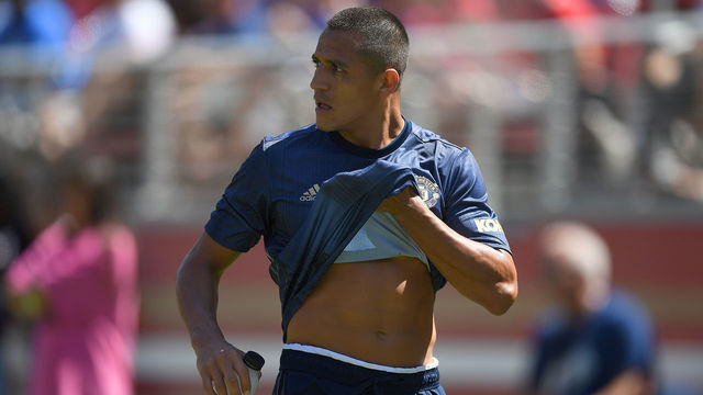SANTA CLARA, CA - JULY 22: Alexis Sanchez #7 of Manchester United walks off the field after he was taken out of an exhibition soccer game in the second half against the San Jose Earthquakes at Levi's Stadium on July 22, 2018 in Santa Clara, California.