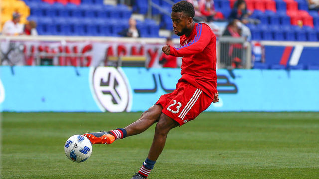 HARRISON, NJ - JUNE 23: FC Dallas midfielder Kellyn Acosta (23) during warm ups prior to the Major League Soccer game between the New York Red Bulls and FC Dallas on June 23, 2018, at Red Bull Arena in Harrison, NJ.