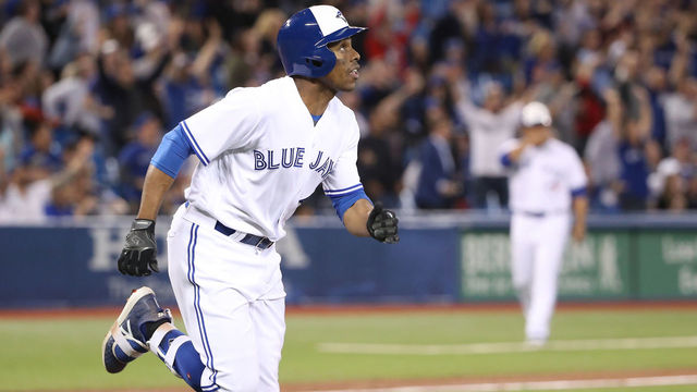 TORONTO, ON - APRIL 24: Curtis Granderson #18 of the Toronto Blue Jays watches as he hits a game-winning solo home run in the tenth inning during MLB game action against the Boston Red Sox at Rogers Centre on April 24, 2018 in Toronto, Canada.