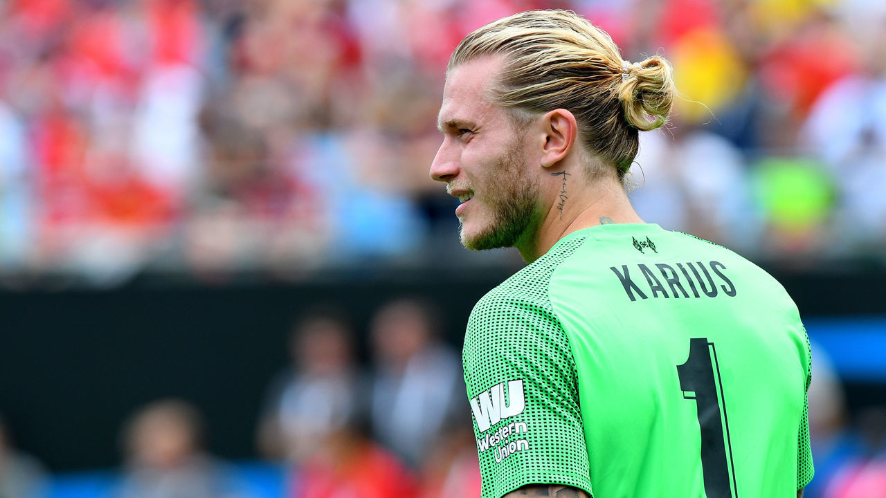 CHARLOTTE, NC - JULY 22: Liverpool goalkeeper Loris Karius (1) looks up pitch during an International Champions Cup match between LiverPool FC and Borussia Dortmund on July 22 2018 at Bank Of America Stadium in Charlotte,NC.