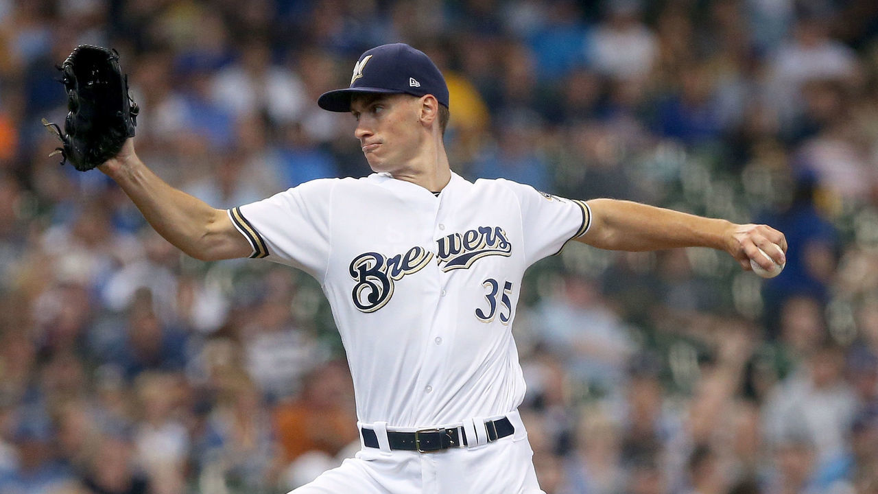 MILWAUKEE, WI - JULY 22: Brent Suter #35 of the Milwaukee Brewers pitches in the first inning against the Los Angeles Dodgers at Miller Park on July 22, 2018 in Milwaukee, Wisconsin.