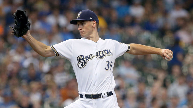 MILWAUKEE, WI - JULY 22: Brent Suter #35 of the Milwaukee Brewers pitches in the first inning against the Los Angeles Dodgers at Miller Park on July 22, 2018 in Milwaukee, Wisconsin.
