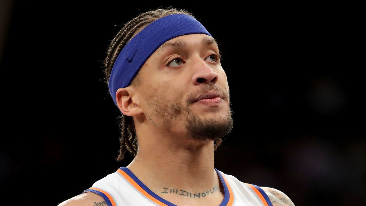 NEW YORK, NY - FEBRUARY 14: Michael Beasley #8 of the New York Knicks reacts in the first half against the Washington Wizards during their game at Madison Square Garden on February 14, 2018 in New York City.