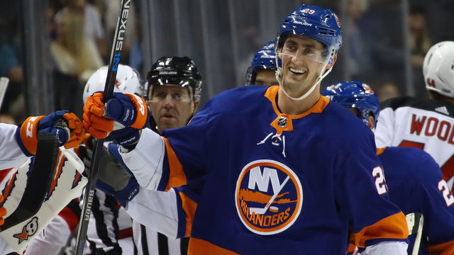 NEW YORK, NY - SEPTEMBER 25: Brock Nelson #29 of the New York Islanders celebrates his goal at 1:11 of the first period against the New Jersey Devils during a preseason game at the Barclays Center on September 25, 2017 in the Brooklyn borough of New York City.